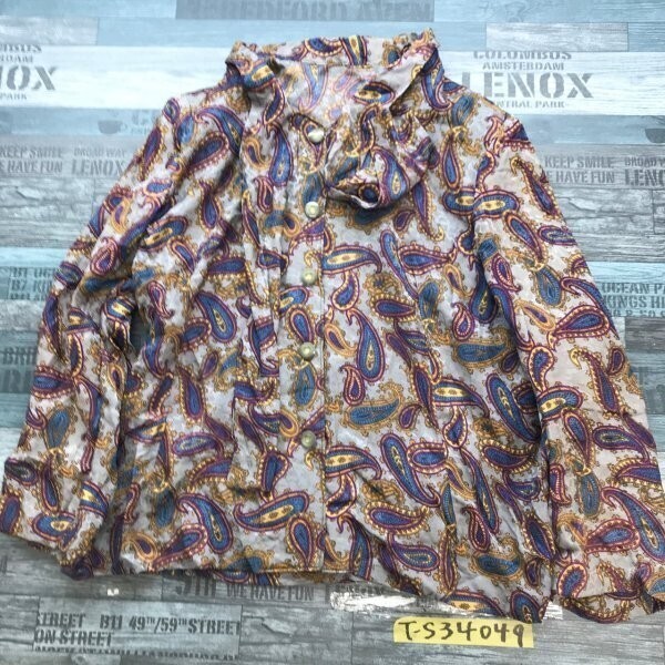 レディース ペイズリー柄 リボンタイ スナップボタン 肩パッド入 長袖ブラウス 青紫他拍卖