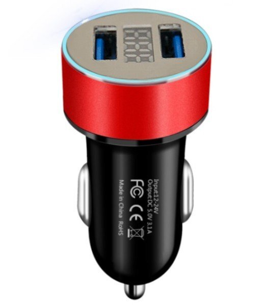【VAPS_1】USB 2ポート カーチャージャー 《レッド》 シガーソケット スマホ 合計3.1A 急速充電 電圧計 車載 12V 24V 送込拍卖