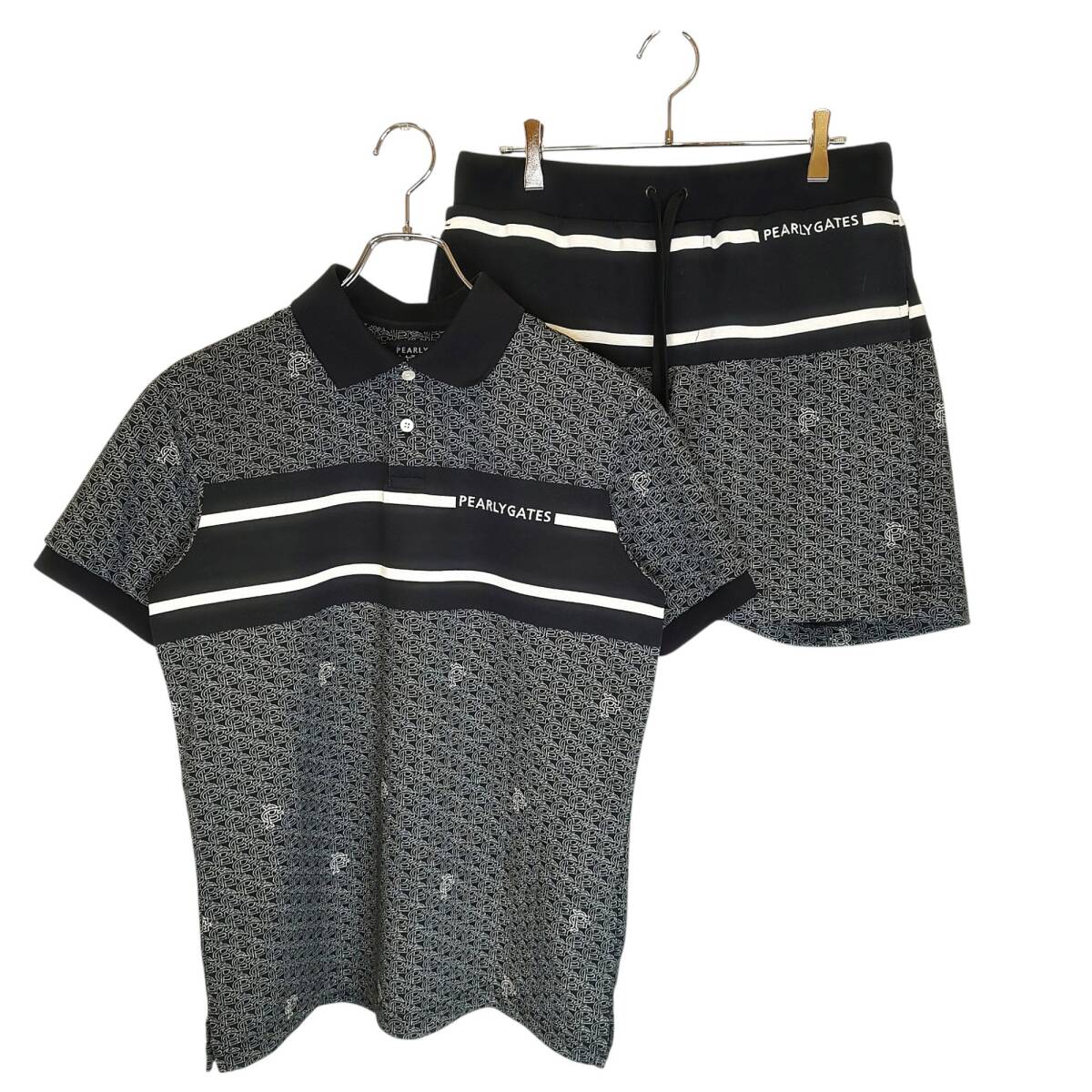 PEARLY GATES パーリーゲイツ ゴルフ 23SS ポロシャツ ショートパンツ ハーフパンツ セットアップ ポロシャツ4 パンツ4 ブラック系 メンズ拍卖