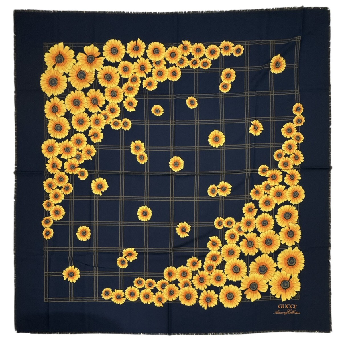美品 グッチ オールドグッチ ひまわり ストール スカーフ 大判 ウール×シルク イタリア製 ネイビー 25K08拍卖