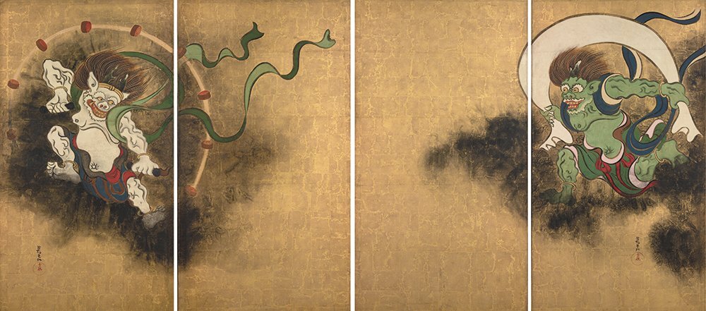 風神雷神図屏風 絹布 俵屋宗達 絹本 掛け物 未表装 四条屏絵 58.6x105cmx4 zhzx120拍卖