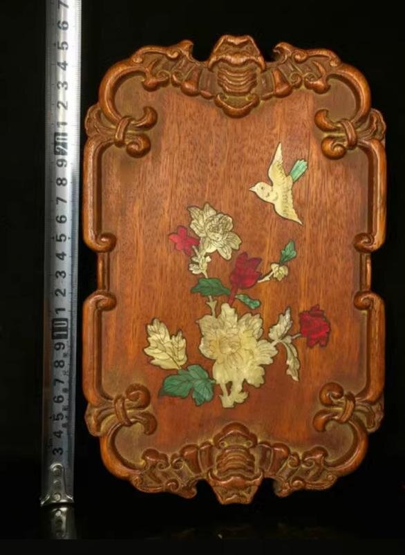 秘蔵 花梨木 花梨木象嵌貝殼 珍材木彫 茶皿 古民具 浮雕嵌貝殼 花鳥茶盤 置物 擺件 中国美術 装飾 賞物 収蔵コレクションsux035拍卖