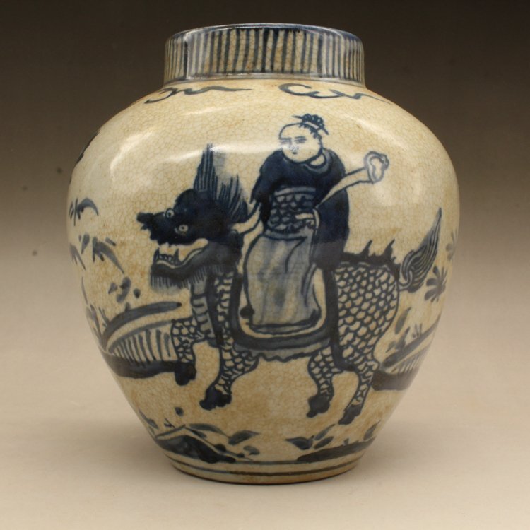 缶 青花麒麟送子無蓋缶 花瓶 観賞 装飾 賞物 清光緒 中国美術 コレクション拍卖