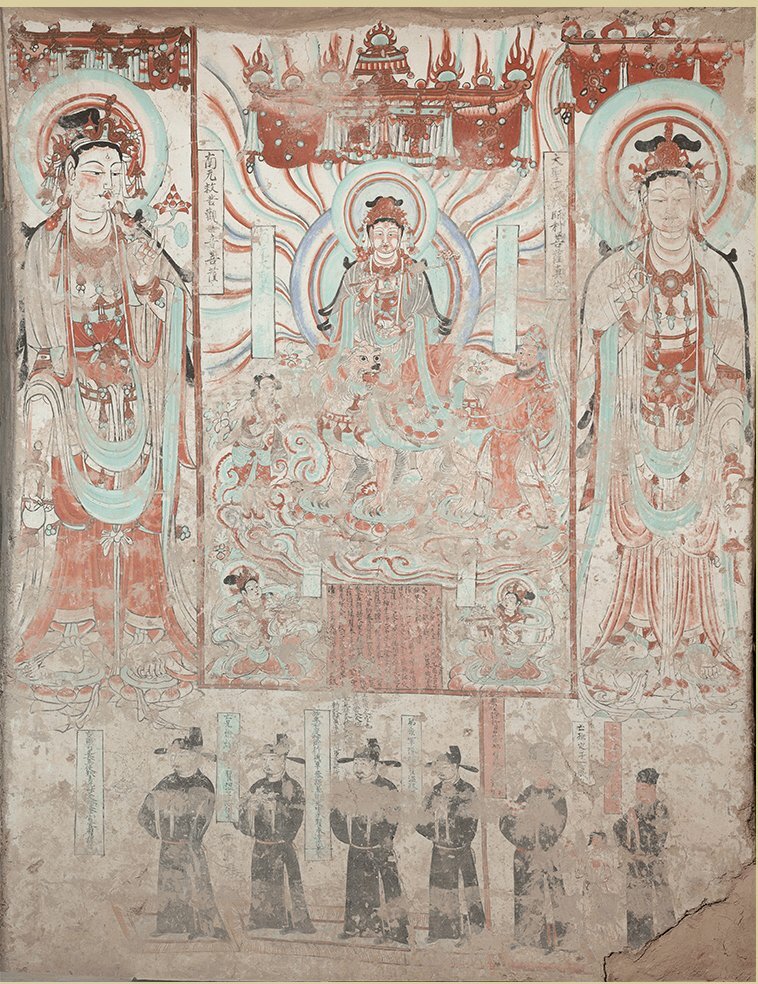 敦煌壁画 莫高窟 壁画 文殊参会図 文殊菩薩像 菩薩図 仏像 仏画 絹布 菩薩像 観音像 縦幅 仏教美術 絹本 掛け物 未表装拍卖