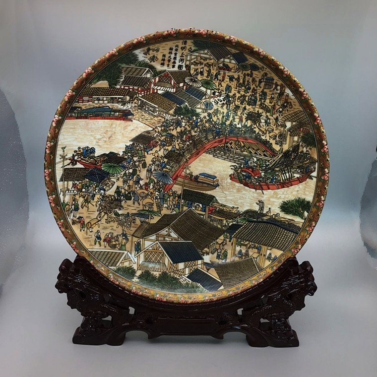 景徳鎮 清明上河図 皿 観賞皿 磁器 置物 装飾 収蔵 コレクション ZH345拍卖