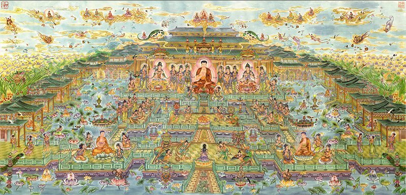 西方極楽図 横断幕 仏堂画 仏画 仏教美術 絹本 掛け物 仏堂 奉納 未表装拍卖