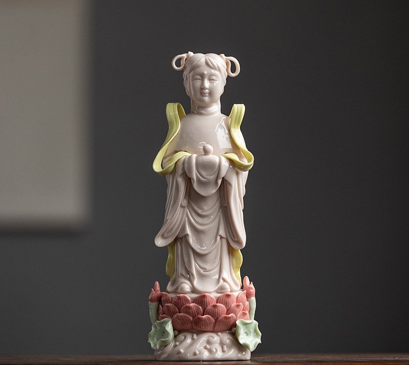 送料無料!高品質 天女 縁結玉女 招財玉女 紅蓮仙童 陶磁器セラミックス 白磁 徳化窯 仏教美術 置物 供養 装飾 収蔵cdp292拍卖