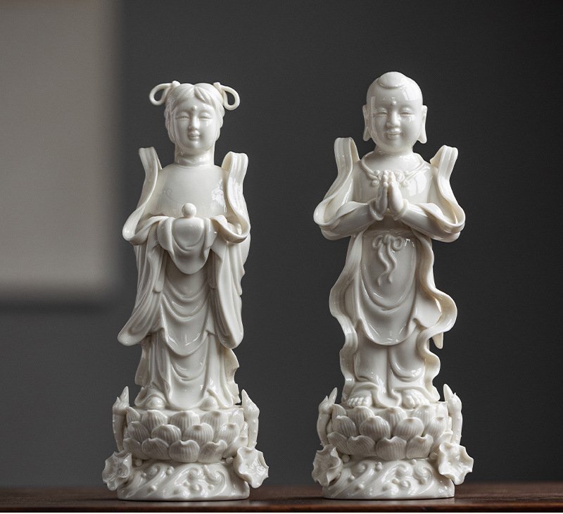 送料無料!高品質 金童玉女【白蓮】組 白蓮仙童 紅蓮天女 陶磁器セラミックス 白磁 徳化窯 仏教美術 置物 供養 装飾 収蔵cdp293拍卖