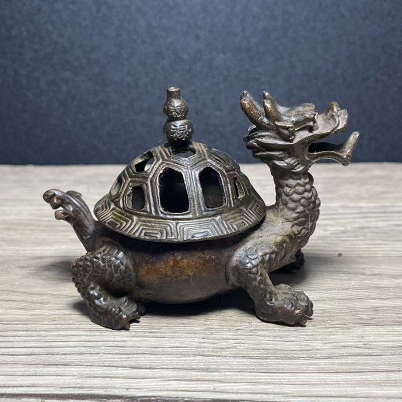 超美品! 金属 古銅彫 瑞獣 金 銅器 竜亀香炉 透かし 瓢箪蓋香炉 開蓋香炉 香炉 香道具 置物 装飾 dpp360拍卖