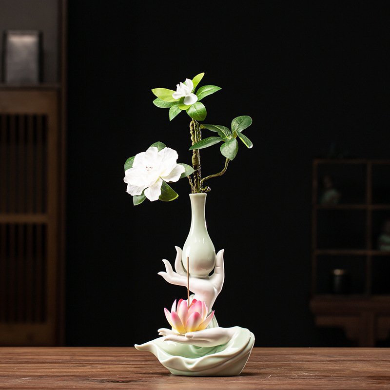 送料無料!祥雲仏手 仏手花瓶 蓮 観音浄瓶 磁器セラミックス 青磁 徳化窯 仏教美術 置物 供養 装飾 収蔵cdp250拍卖