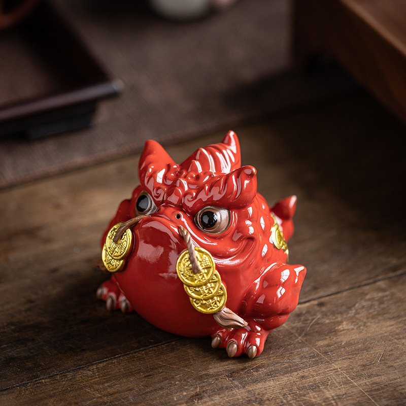 送料無料!高品質 茶寵 置物 金蟾 陶磁器セラミックス 彩磁 徳化窯 仏教美術 置物 供養 装飾 収蔵cdp259拍卖