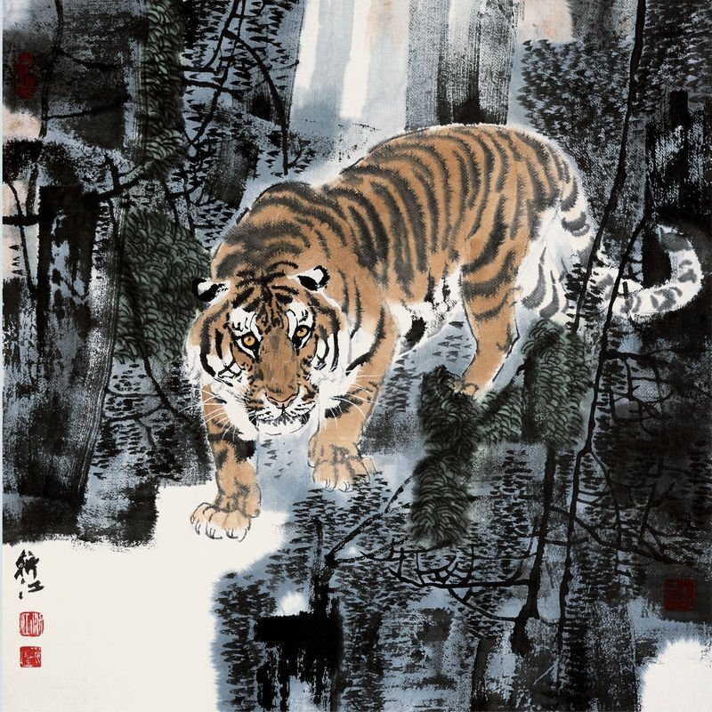 中国水墨画 トラ 虎 下山虎 中国美術 表装なし 画仙紙 画芯 玄関画 鑑賞 装飾 郵便発送 48*48cm zh981拍卖