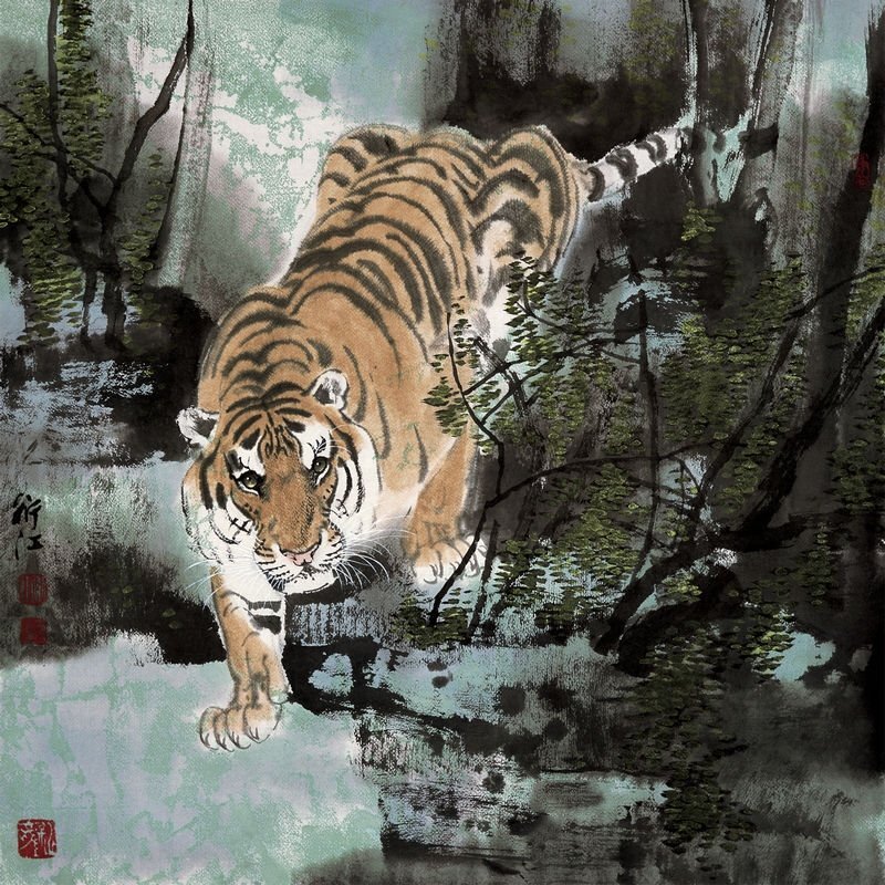 中国水墨画 トラ 虎 下山虎 中国美術 表装なし 画仙紙 画芯 玄関画 鑑賞 装飾 郵便発送 48*48cm zh980拍卖