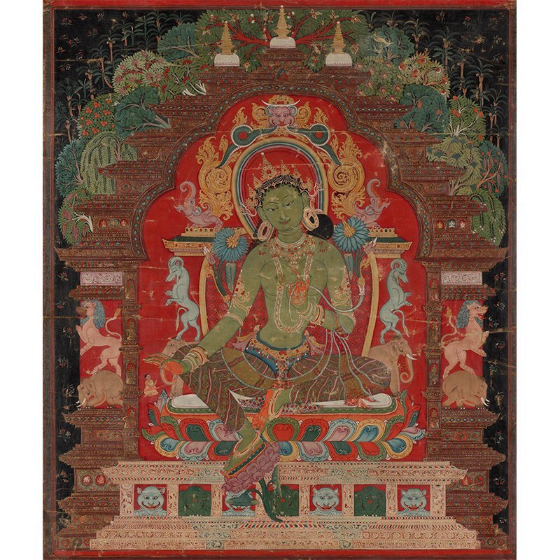 緑度母 多羅菩薩 清 古画仏像 唐 工筆 装飾絹布仏画芯芸術装飾画 掛け軸拍卖