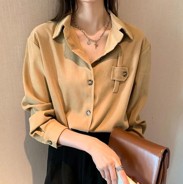 春新作 シャツブラウス シンプル ゆったり 無地 ブラウス 通勤通学 大人気 普段着 長袖 トップス★カーキ /Mサイズ拍卖