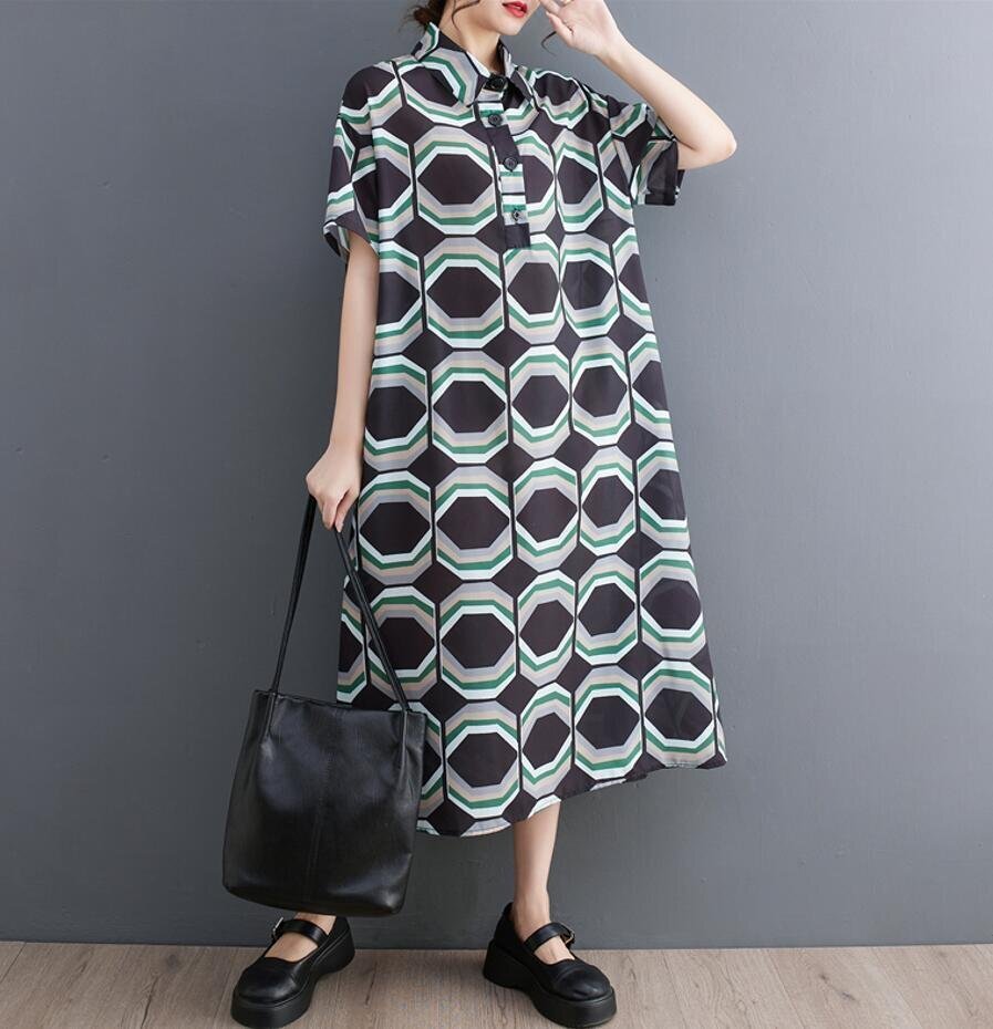 Fサイズ■夏新品 ロングワンピース 半袖 シャツワンピース 体型カバー 綺麗な花柄 カジュアル 大きいサイズ★黒拍卖