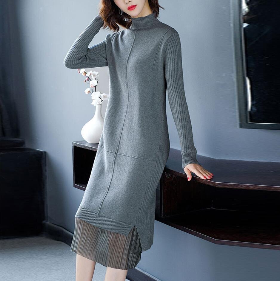 Fサイズ■ 優雅 ニットひざ丈ワンピース カシミヤ混 暖かい フォーマル セーター 着やせ 園行事 長袖■灰拍卖