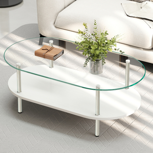 二段オーバルコーヒーテーブル 強化ガラス天板+MDF収納棚 ミニマリストデザイン リビング専用 ホワイト 拍卖