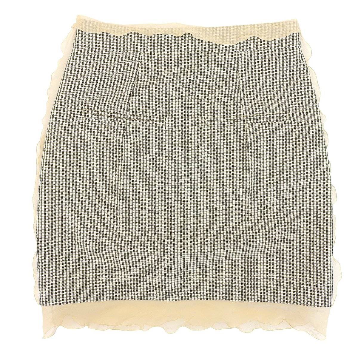 極美品▲FENDI フェンディ 22年製 FQ7416 千鳥格子 シフォン使い ウールスカート ベージュ ブラウン 36 イタリア製 正規品 レディース拍卖