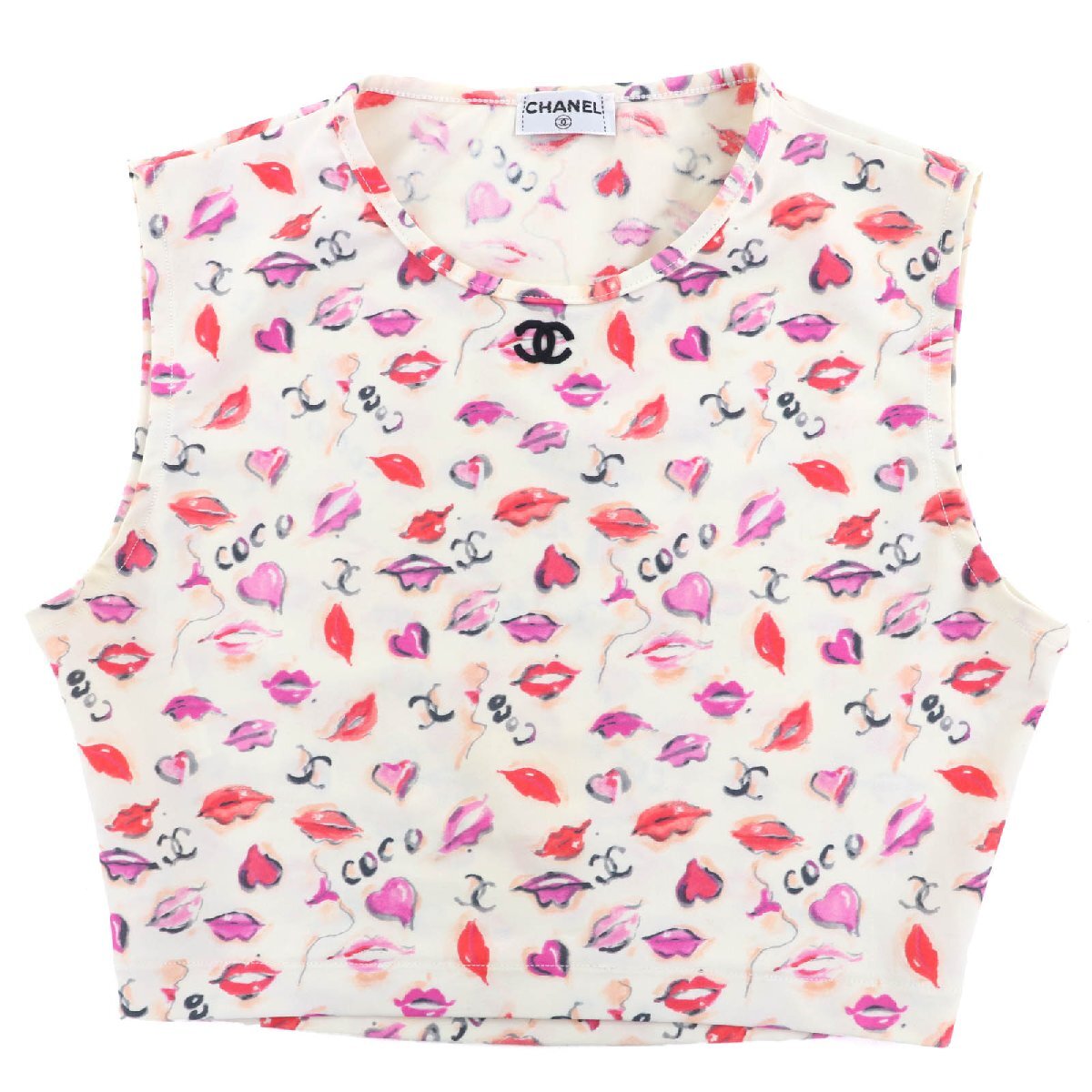 極美品◇CHANEL シャネル ヴィンテージ ココマーク刺繍 リップ柄 クロップド トップス タンクトップ オフホワイト マルチ 38 レディース拍卖