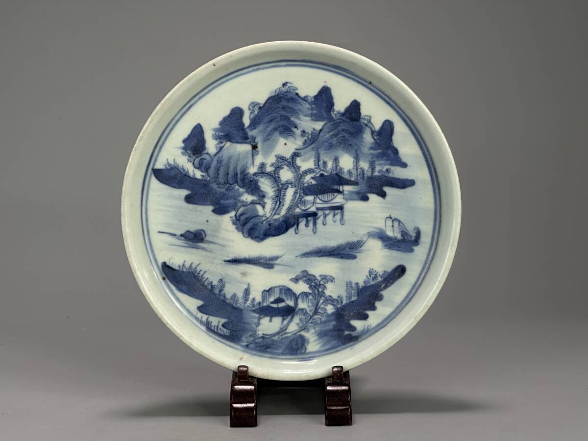 UN10S20 中国美術 清代中期 康熙~雍正期頃 17世紀末~18世紀 景徳鎮窯 青花山水図盤 染付皿 時代 古物 唐物 拍卖