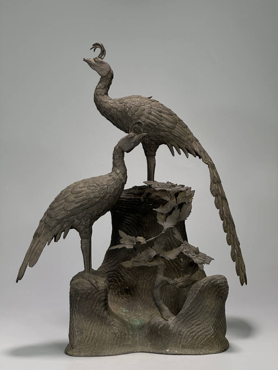 UN07F 中国美術 古銅製 清朝 清時代 孔雀 二羽 置物 時代 唐物 拍卖