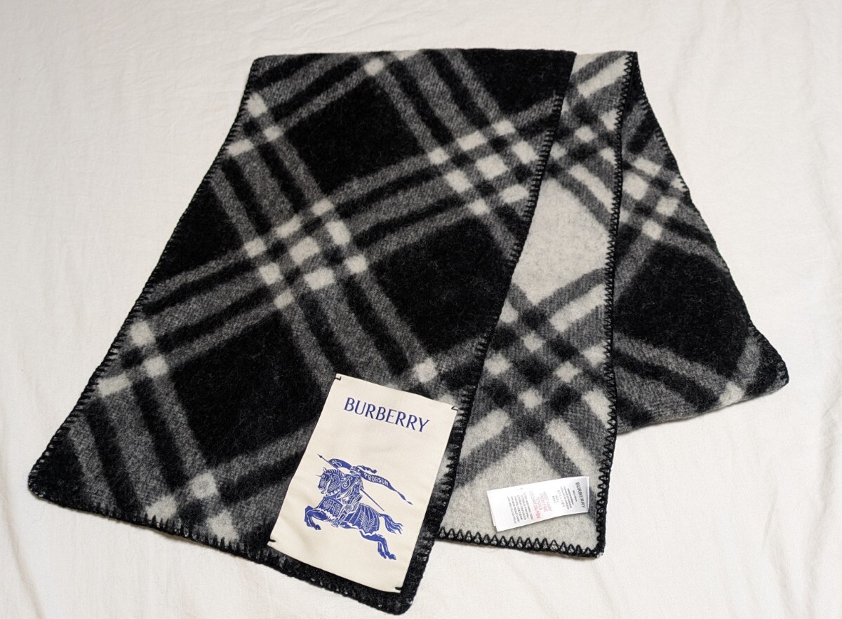 4783送料500円 美品 BURBERRY バーバリー チェック ウール ストール マフラー ブラック ホワイト系 ステッチ 秋冬拍卖