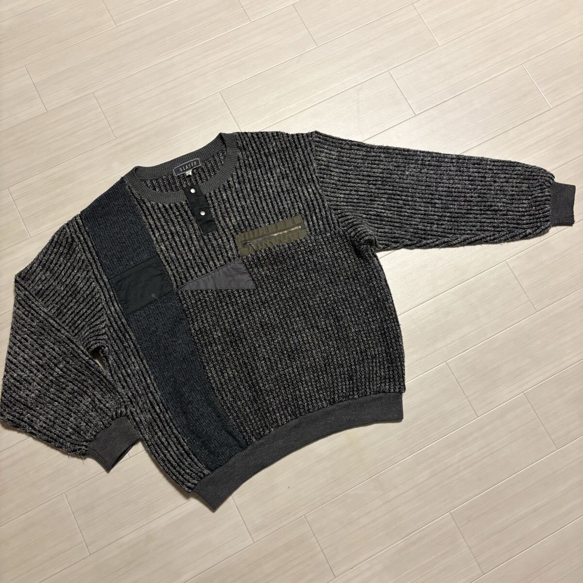 ● GLASER 柔らかい ふわふわ 起毛 長袖 プルオーバー ニットセーター トレーナー メンズ Lサイズ グレー ビンテージ 80s 90s ハーフボタン拍卖