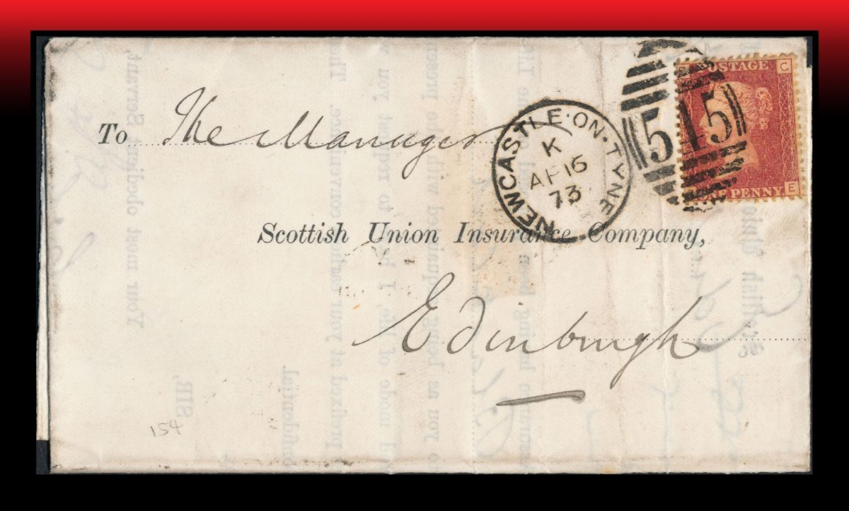 Z102 イギリス|ペニーレッド/折畳み書状 消印:NEWCASTLE・ON・TVNE/K/AP16/73 着印画像有り エンタイア拍卖