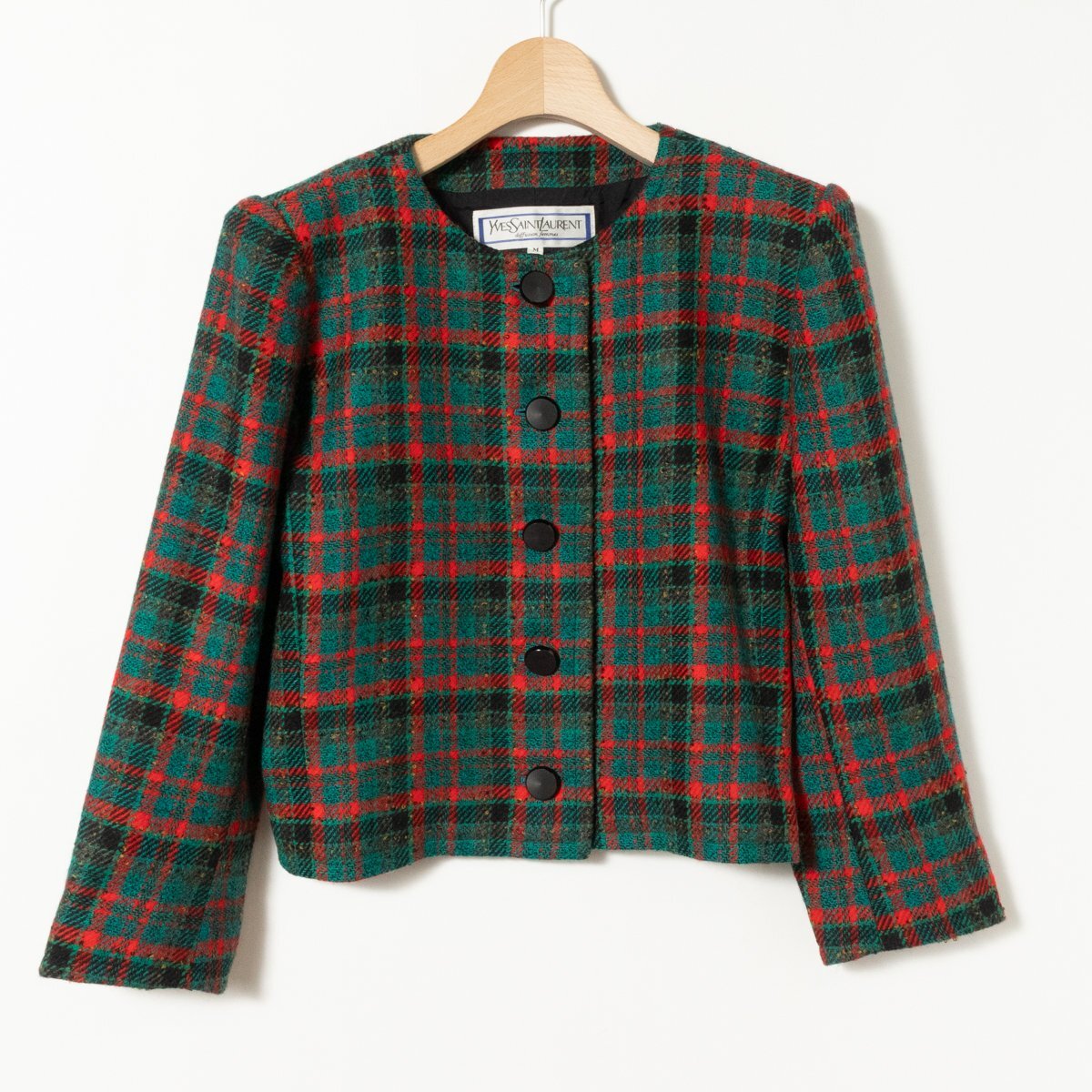 YVES SAINT LAURENT イヴ サンローラン レディース ノーカラージャケット チェック柄 グリーン レッド ブラック 毛 ナイロン サイズM拍卖