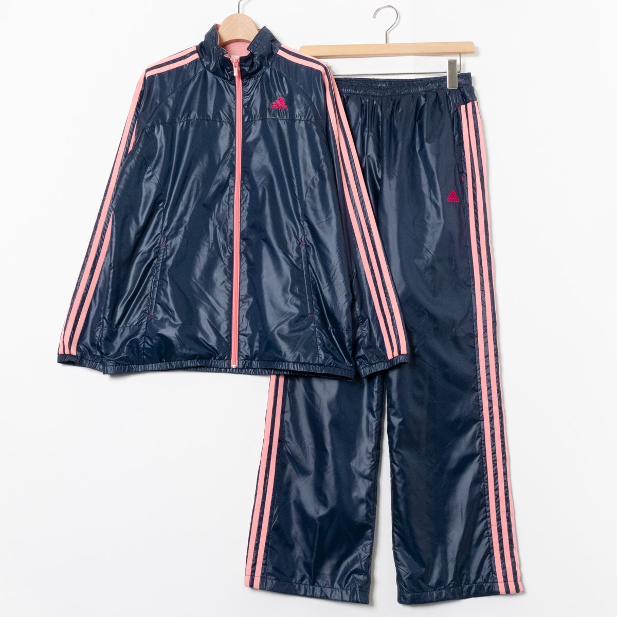 adidas アディダス セットアップ ウインドブレーカー OT/OT ポリエステル100% スポーツウェア ロゴ ストライプ ネイビーピンク レディース拍卖