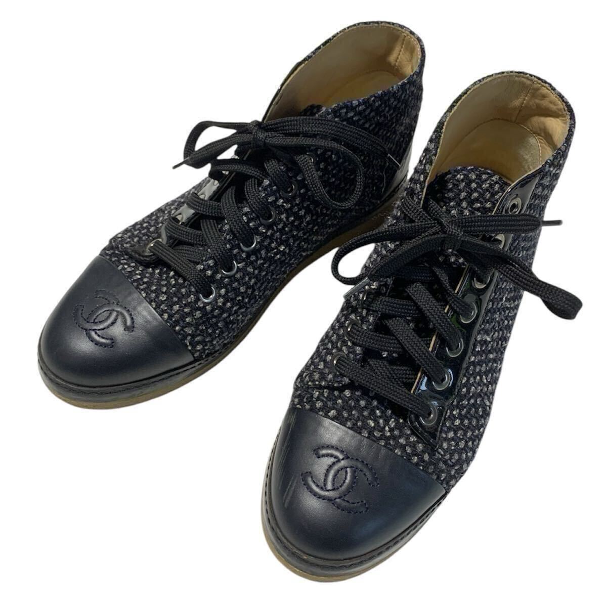 CHANEL Tweed Sneaker シャネル ココマーク ツイード スニーカー 靴 レザー ココシャネル 37 シューズ レディース拍卖