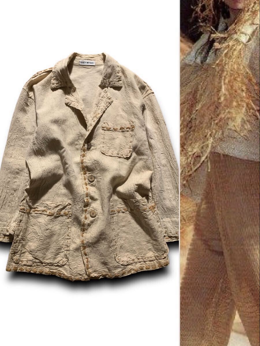 94SS ISSEY MIYAKE Tailored Jacket Archive イッセイミヤケ 1994ss 麻 テーラードジャケット ハンドステッチ アーカイブ 90s ベージュ拍卖