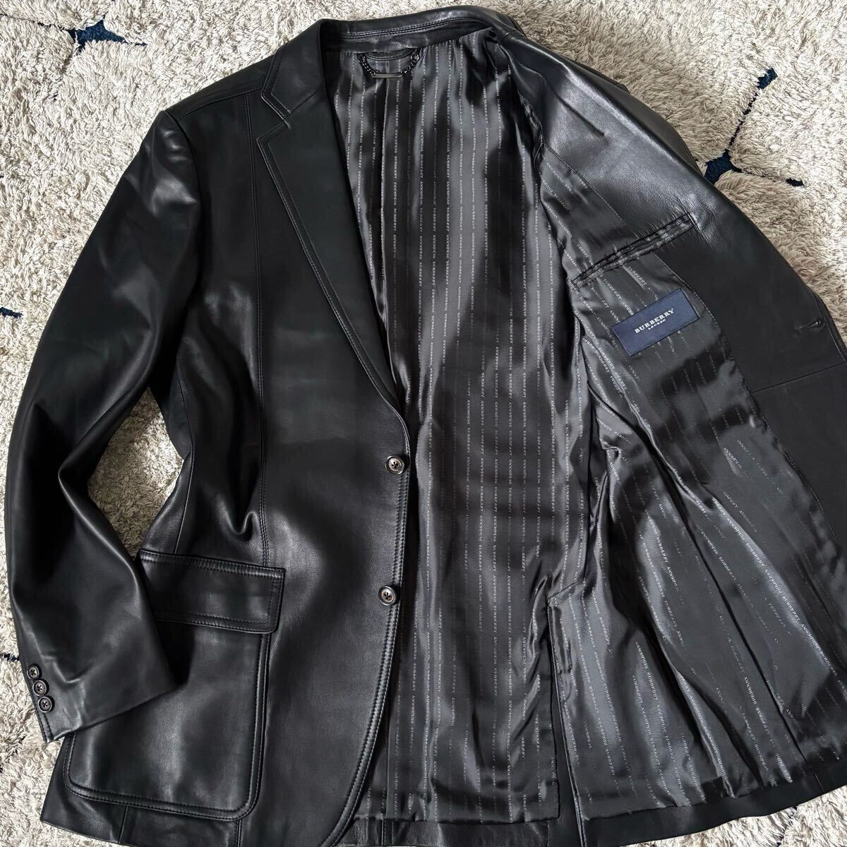 未使用級◆LLサイズ!BURBERRY LONDON バーバリーロンドン ラムレザー テーラードジャケット レザージャケット レザー 裏地総柄 2B 黒拍卖