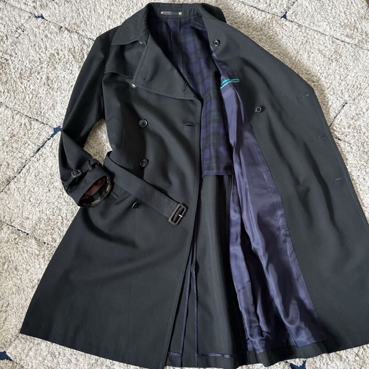 未使用級◆希少◆XLサイズ相当!Paul Smith ポールスミス トレンチコート ベルト ロゴ チェック BOWER ROEBUCK ロングコート ウール 深緑拍卖