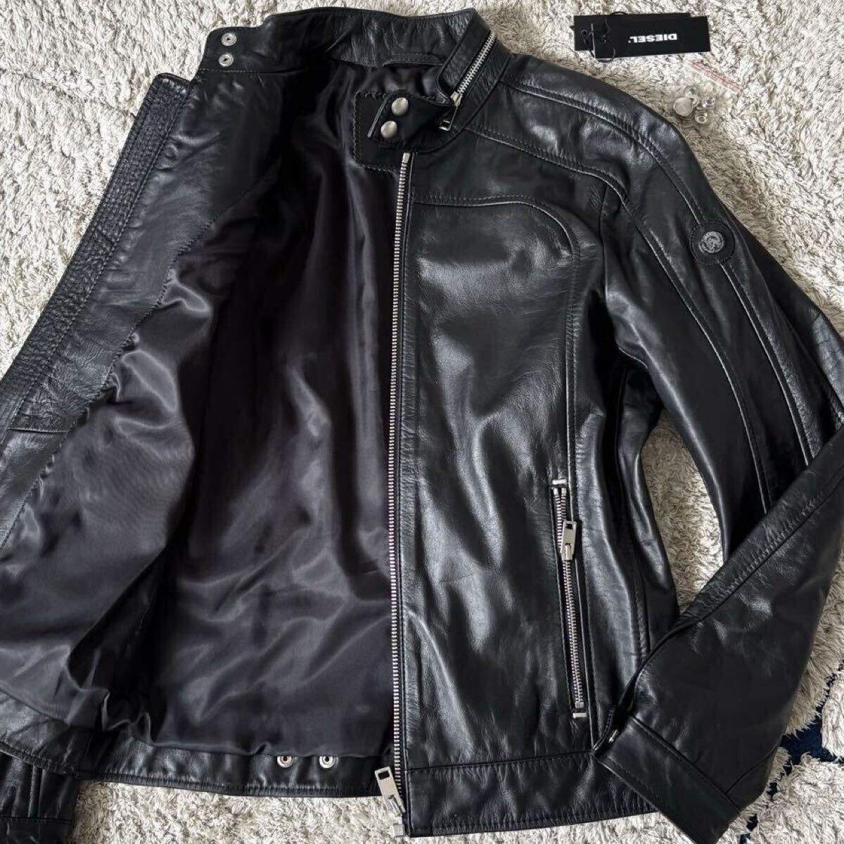 タグあり◆DIESEL ディーゼル レザージャケット ブルゾン シングルジャケット カウレザー 牛革 ロゴ ジップ ブラック 黒 メンズ バイカー拍卖