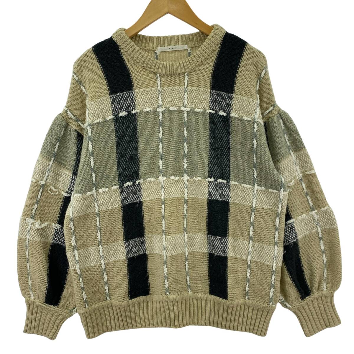 KBF ケイ・ビイ・エフ チェックデザイン ニット sizeOne/ベージュ×ダークグリーン拍卖