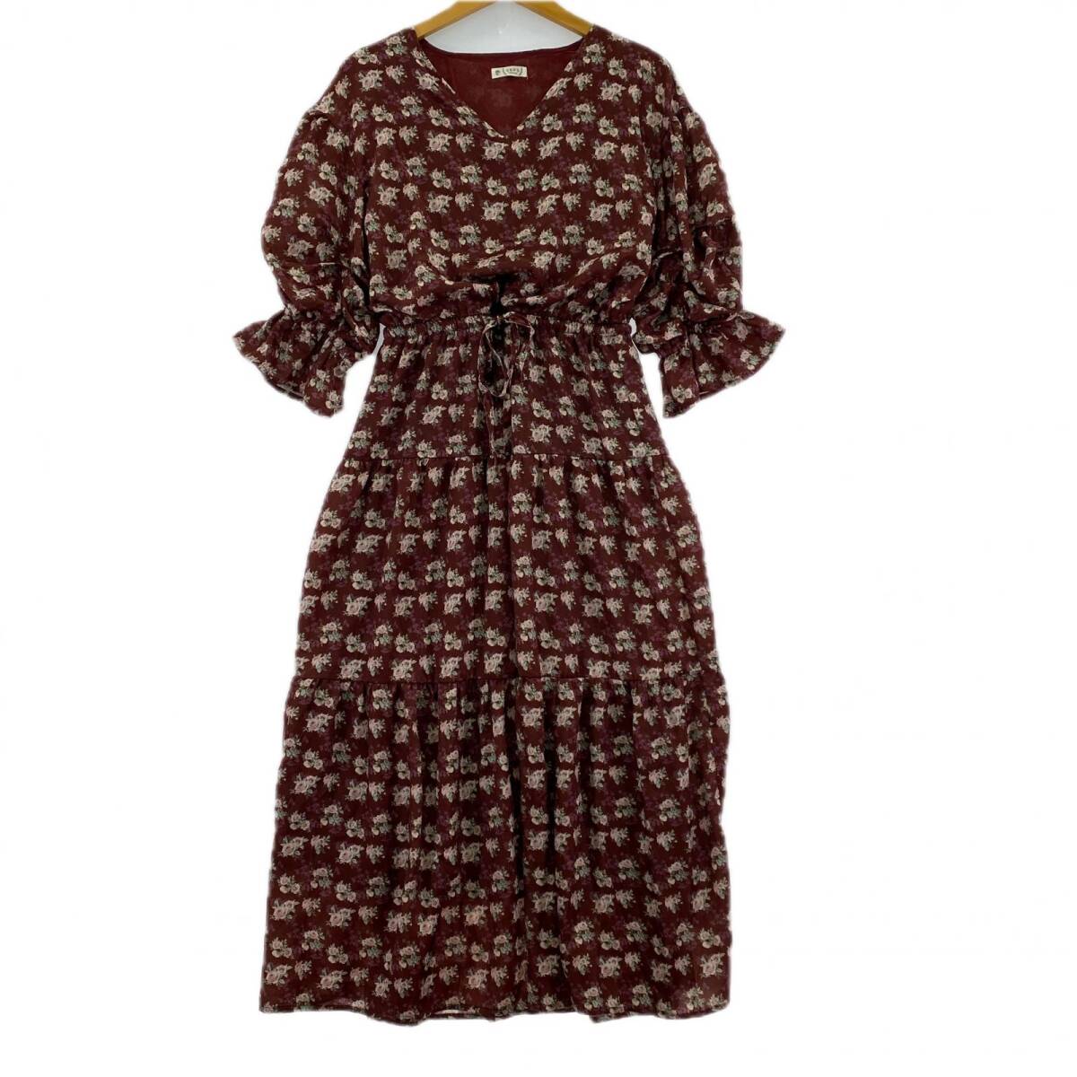 axes femme アクシーズファム 花柄フリルスリーブ ワンピース sizeM/レッド系拍卖