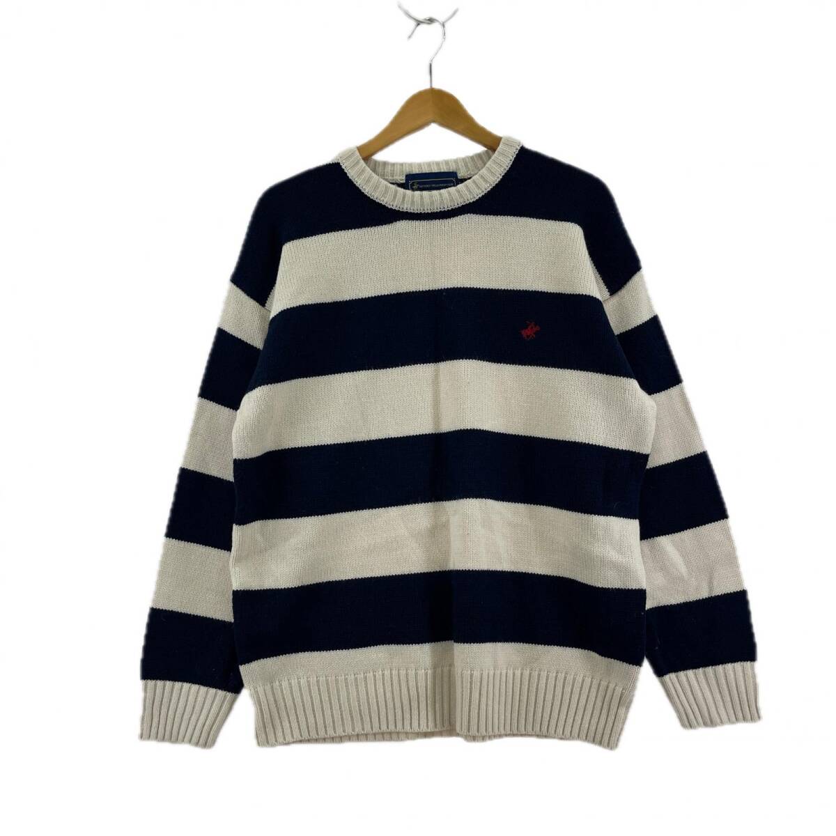 BEVERLY HILLS POLO CLUB ビバリーヒルズポロクラブ ロゴ刺 ボーダー ニット sizeL/オフホワイト×ネイビー拍卖