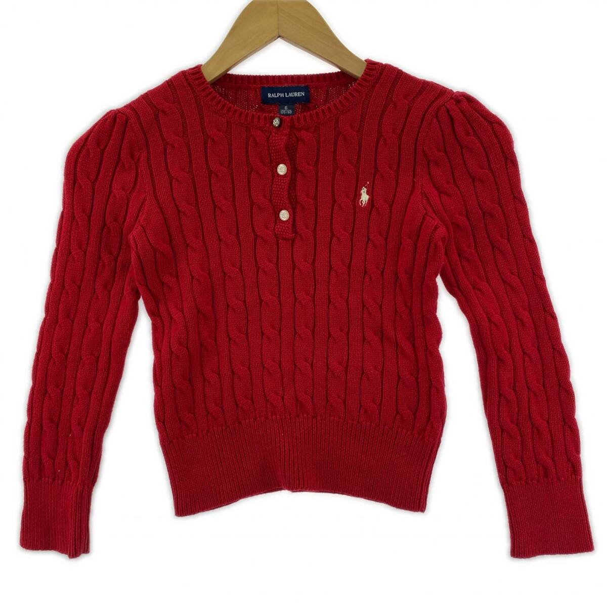 RALPH LAUREN ラルフローレン ワンポイント刺 ケーブル編み ニット size6 120/60/レッド ゆうパケットOK拍卖