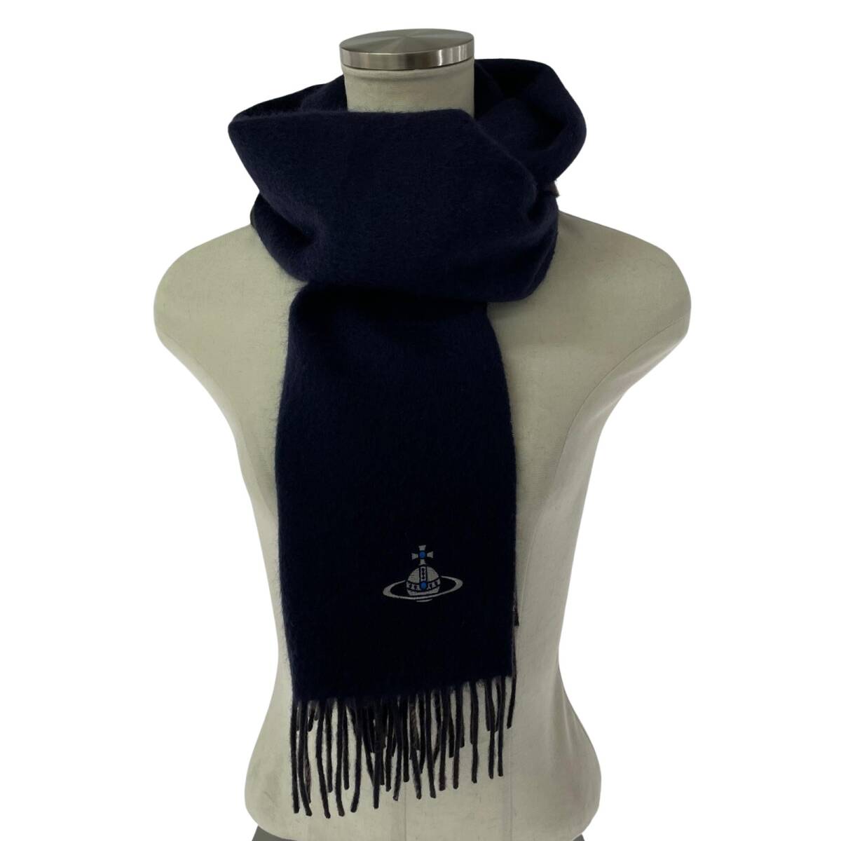 Vivienne Westwood ヴィヴィアンウエストウッド オーブ刺繍 チェック柄 カシミヤ マフラー sizeF/ネイビー×ブラウン系 ゆうパケットOK拍卖