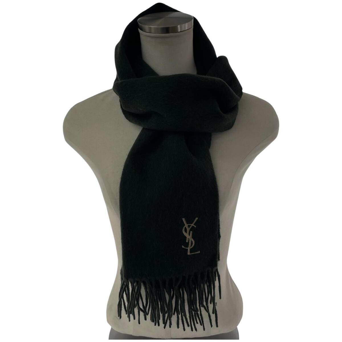 YVES SAINT LAURENT イヴ・サンローラン ロゴ刺繍 フリンジ マフラー/ダークグリーン拍卖