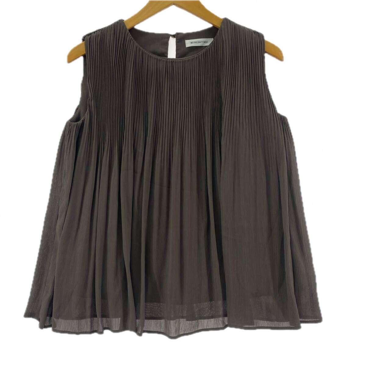 NATURAL BEAUTY BASIC ナチュラルビューティーベーシック ワッシャープリーツ ノースリーブ ブラウス sizeS/モカ ゆうパケットOK拍卖