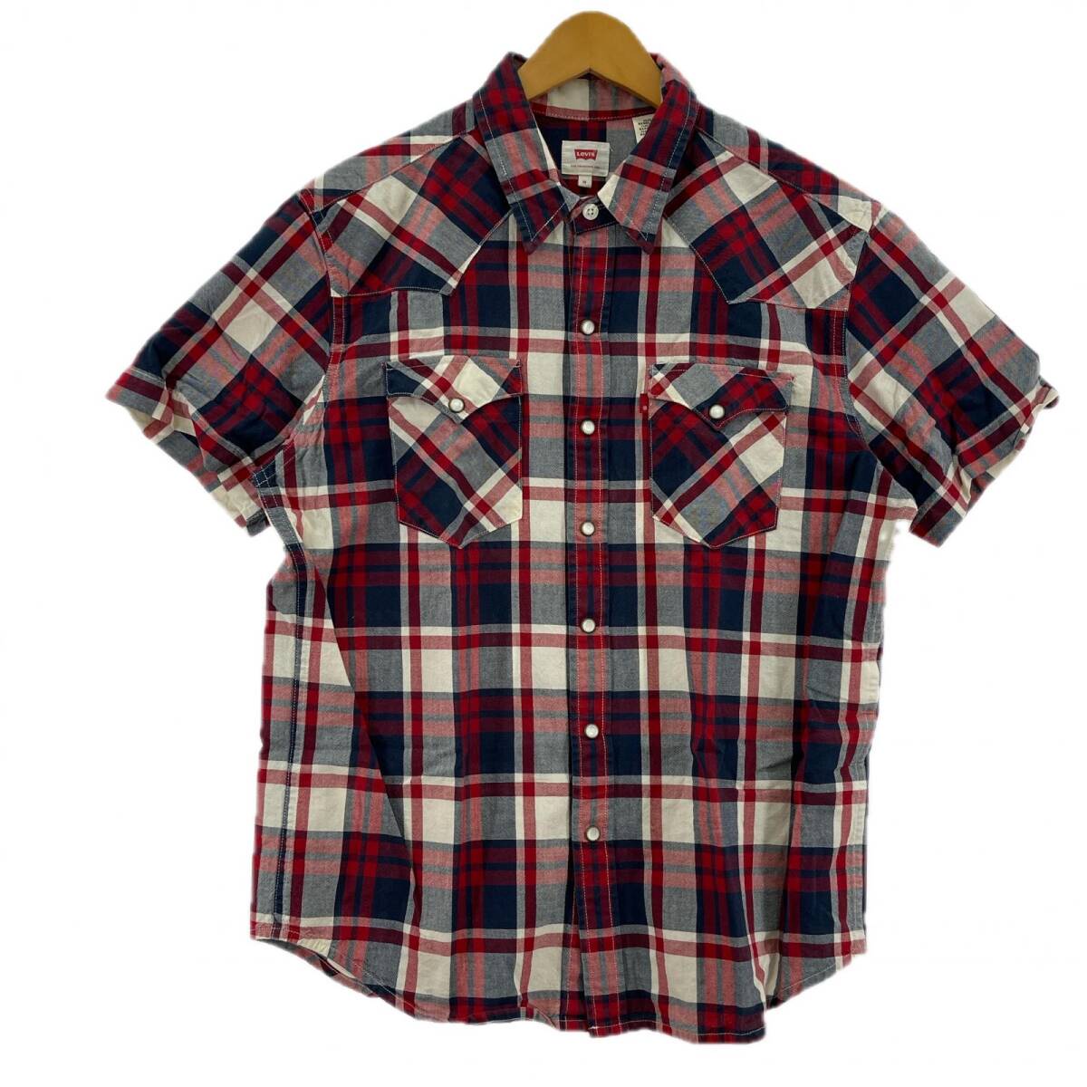 LEVI'S リーバイス チェック 半袖シャツ sizeM/レッド×ネイビー ゆうパケットOK拍卖