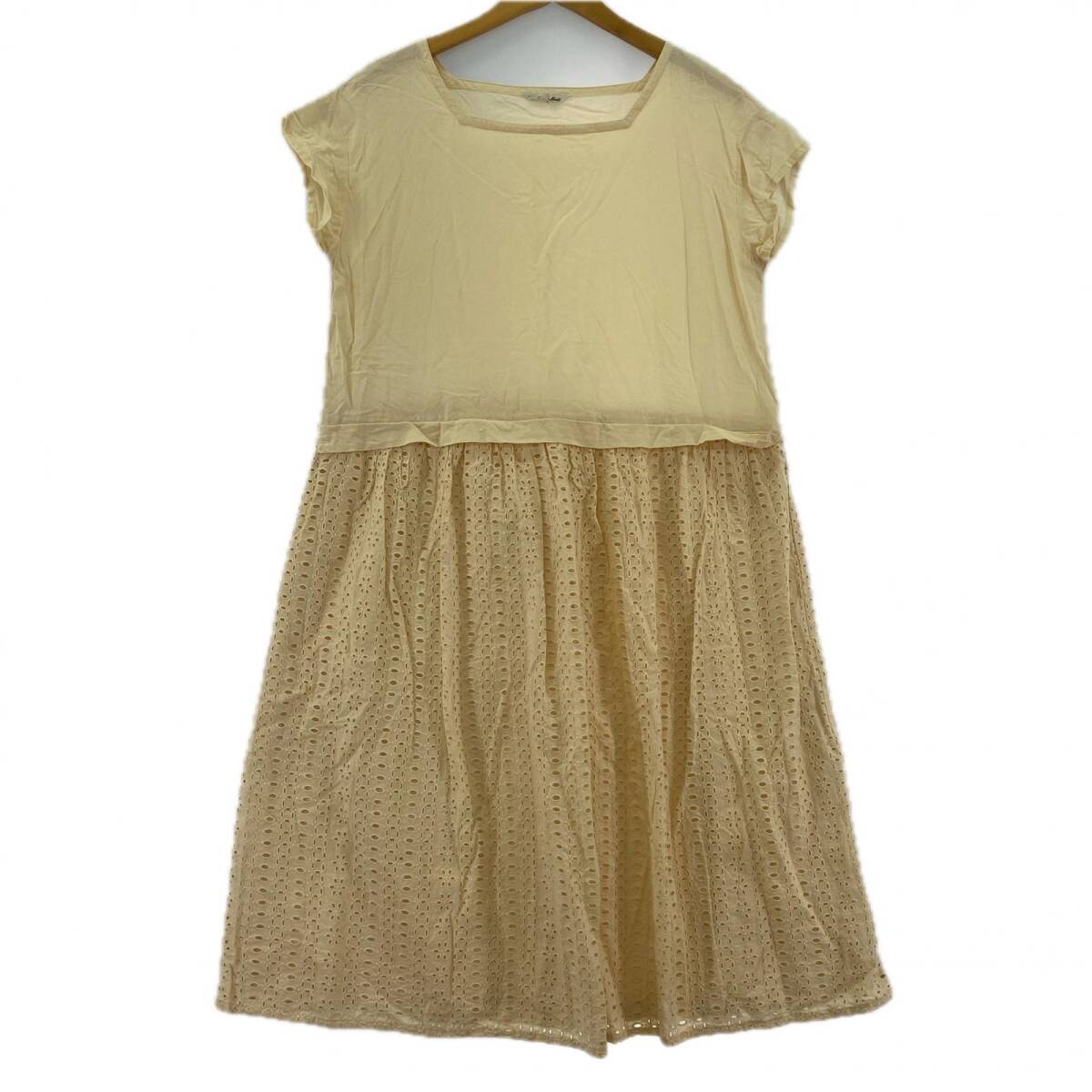 Samansa Mos2 サマンサ モスモス スクエアネック ボーラレース 切替 ワンピース sizeM/ペールオレンジ拍卖