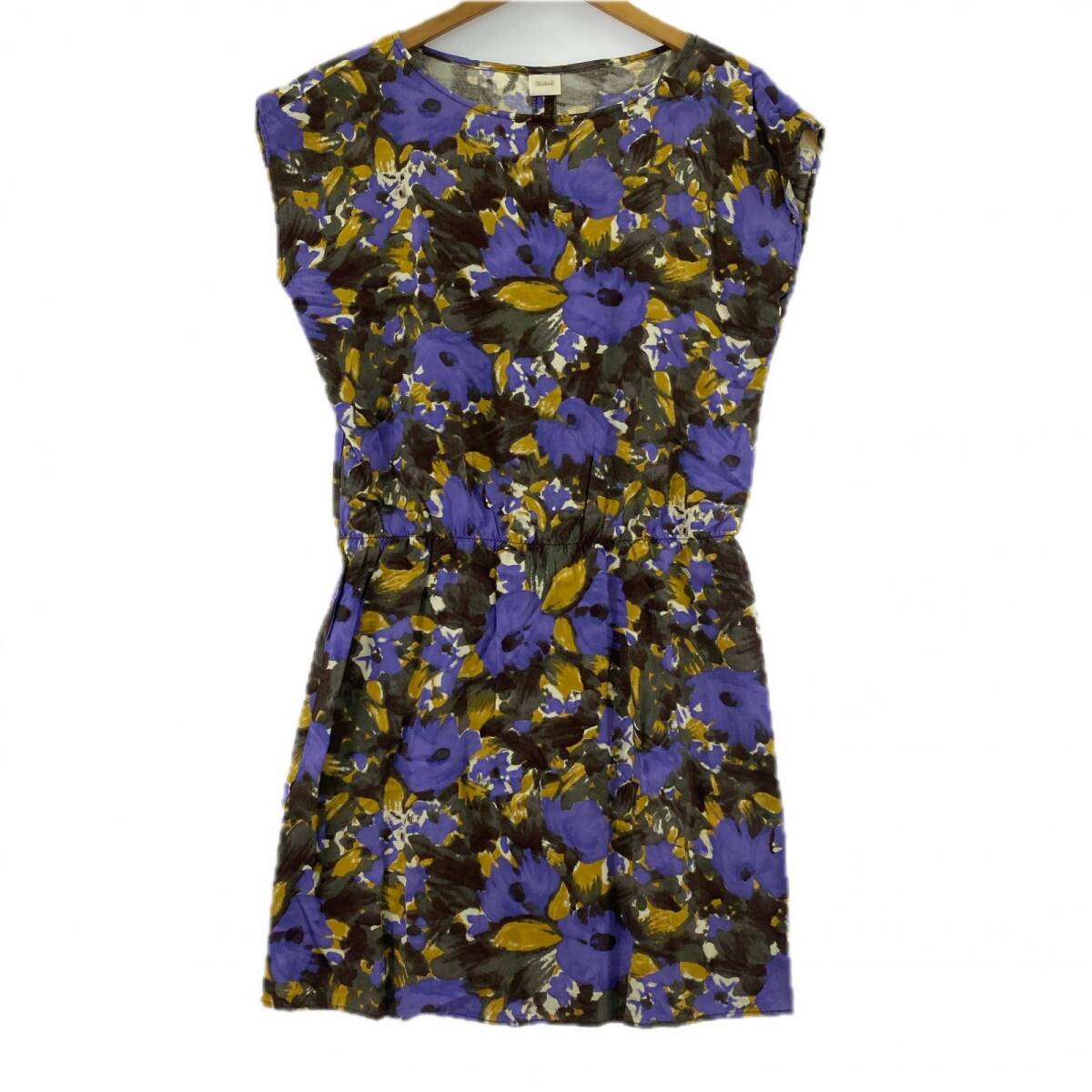 Techichi テチチ 花柄 フレンチスリーブ ミニ ワンピース sizeM/パープル×オーカー ゆうパケットOK拍卖