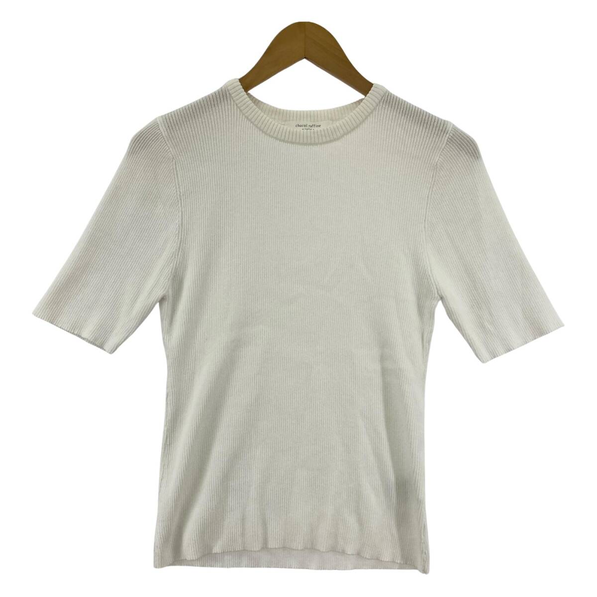 chocol raffine robe ショコラフィネ ローブ クルーネック 五分袖 リブニット カットソー sizeF/ホワイト ゆうパケットOK拍卖