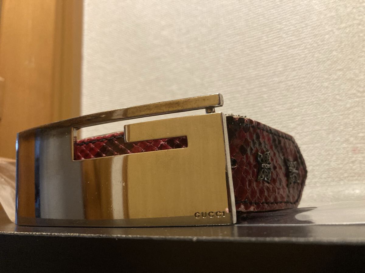 GUCCIベルト ヘビ革 パイソン 本革レザーベルト GUCCIバックルロゴ拍卖