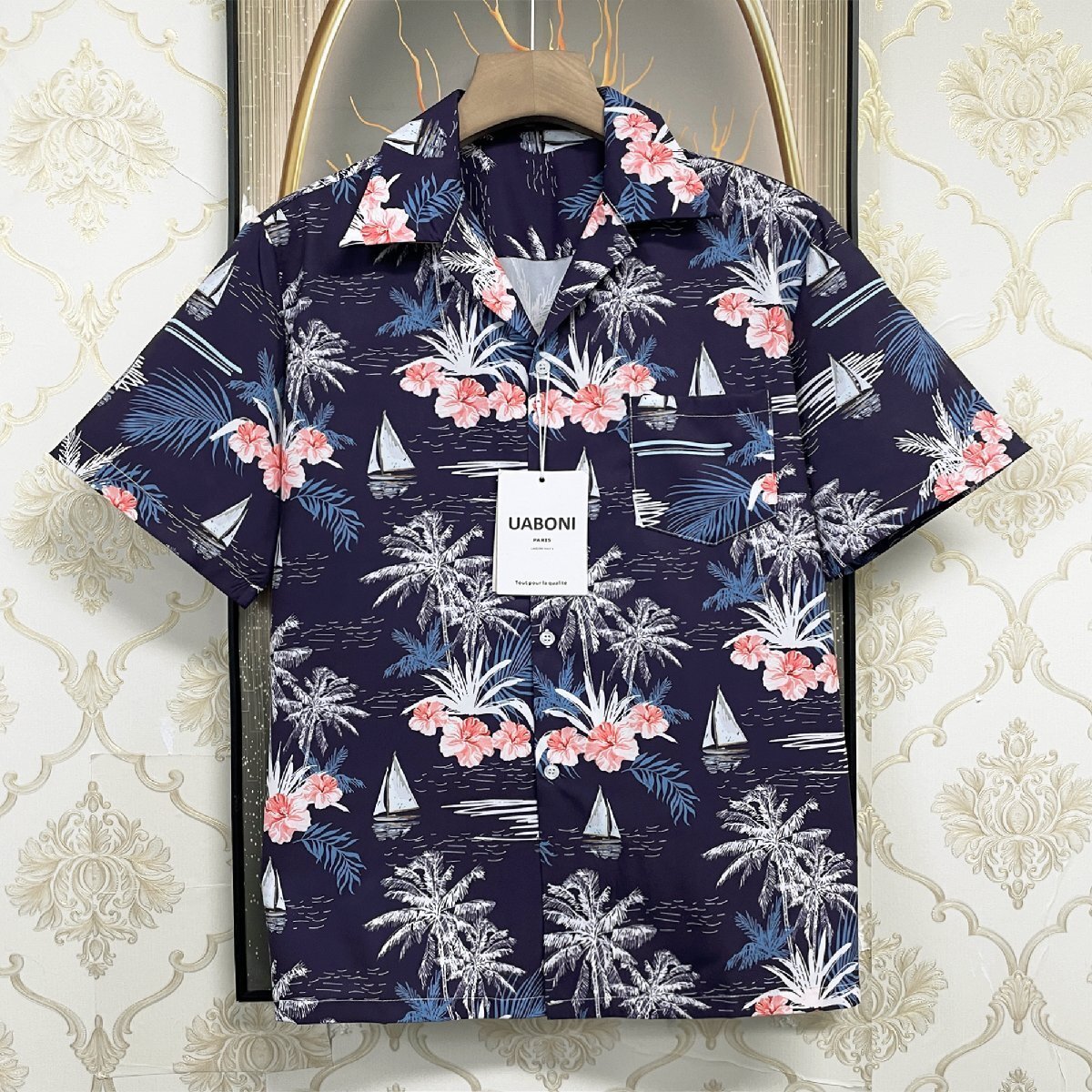 定番EU製&定価3万◆UABONI*Paris*半袖シャツ*フランス*パリ発◆高級シルク混 なめらか 快適 ゆったり 総柄 開襟 アロハシャツ リゾート L拍卖