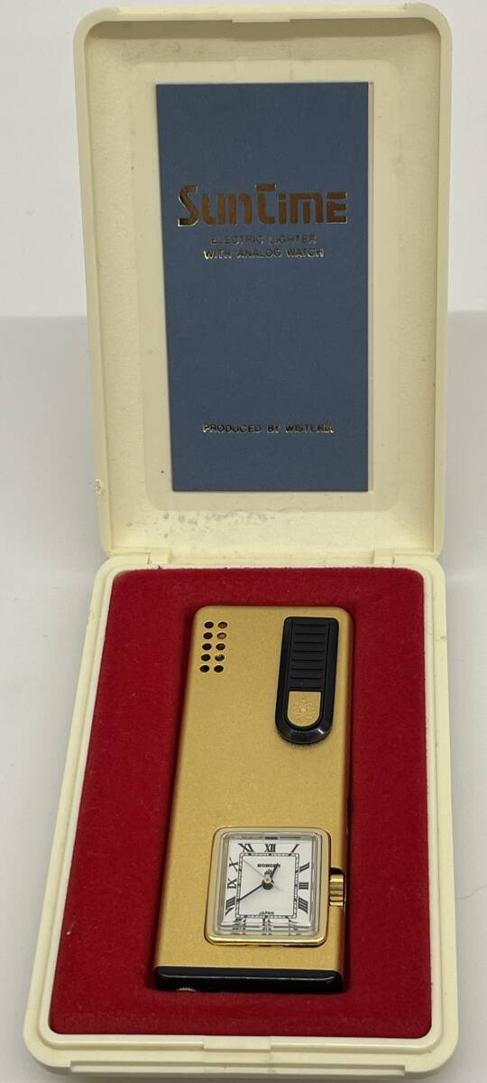 2378f【1円スタート】 KOHGEN SUNTIME 時計付ガスライター 電子ライター 着火未確認 ゴールド系 中古品 現状品 包装無しで封入し発送拍卖